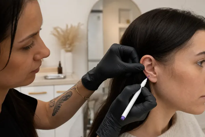 Anatomieprüfung und Markierung am Ohr vor einem Piercing bei Beautyrella Berlin